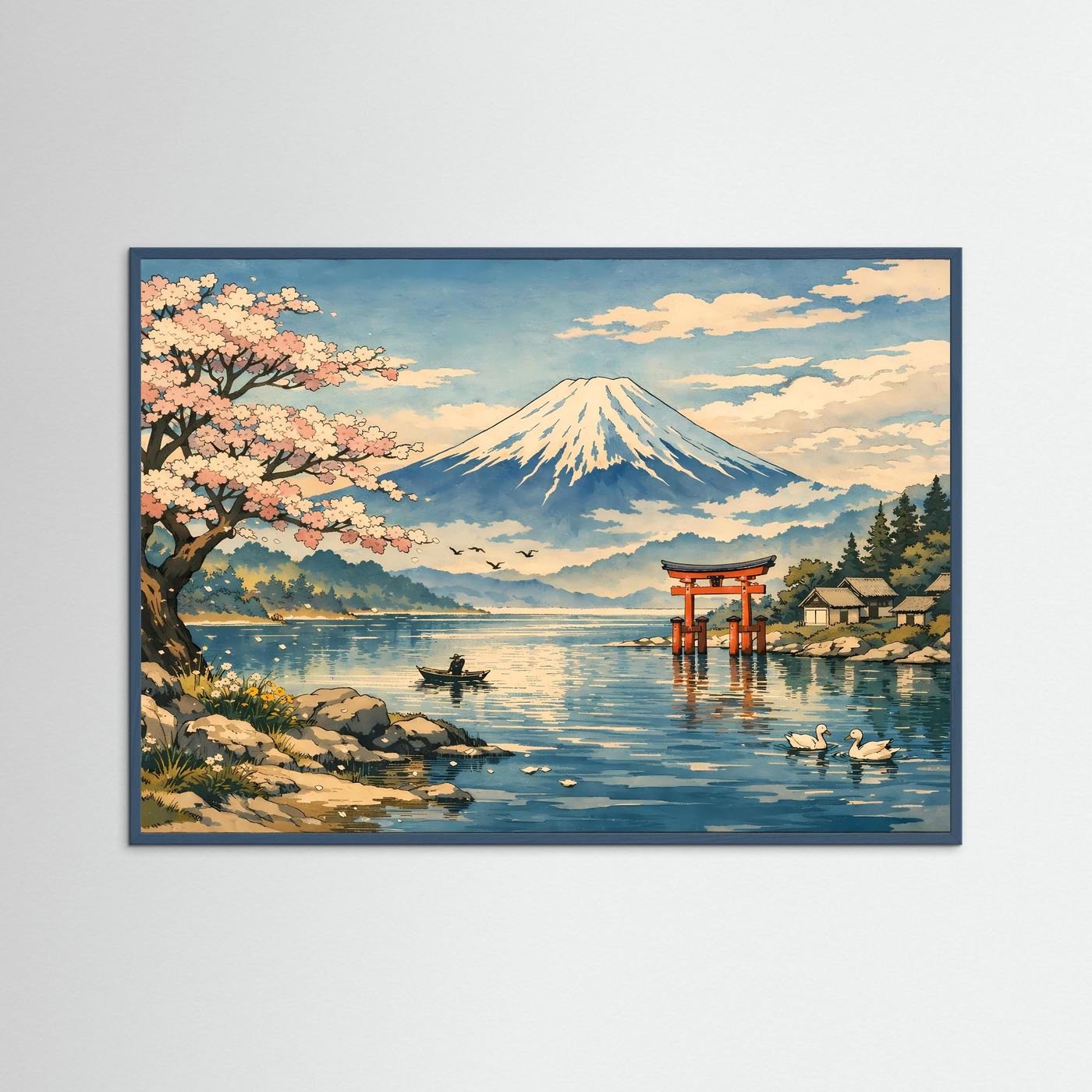 Wandbild-Poster: Mount Fuji über See mit Kirschblütenbaum und Torii, dunkelblaue Umrandung
