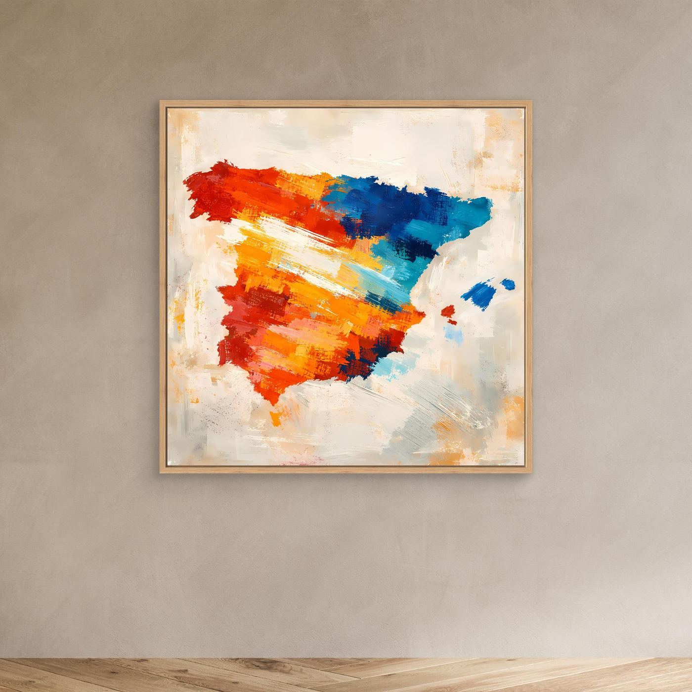 Abstract Spain map canvas wall art with colorful brushstroke silhouette, oak frame