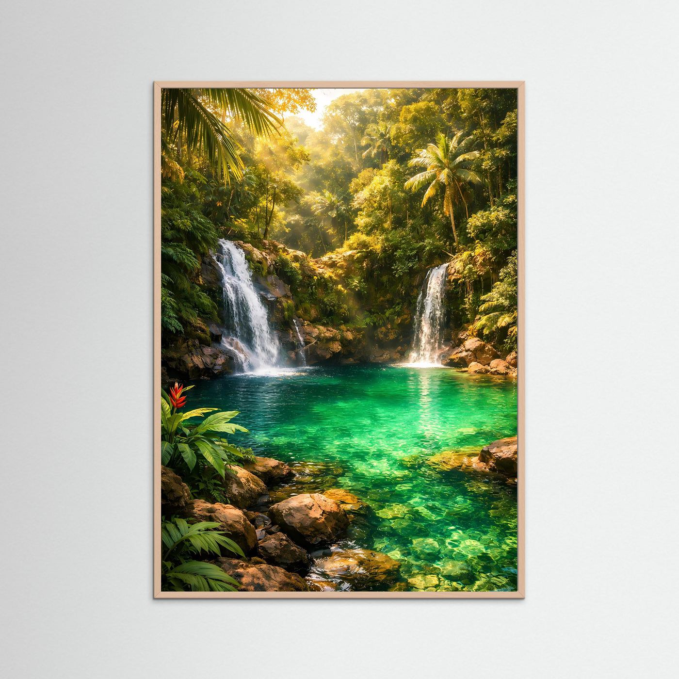 Dschungel-Poster im Hochformat mit Wasserfällen und smaragdgrünem Fluss im rosafarbenen Holzrahmen