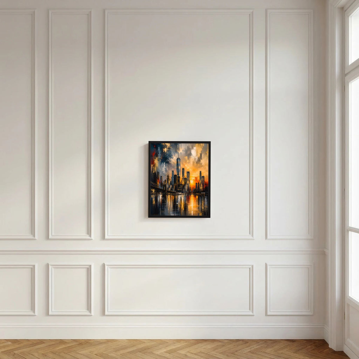 Gerahmtes Poster mit Skyline-Szene in Gold, Schwarz und warmem Orange, Lichter spiegeln