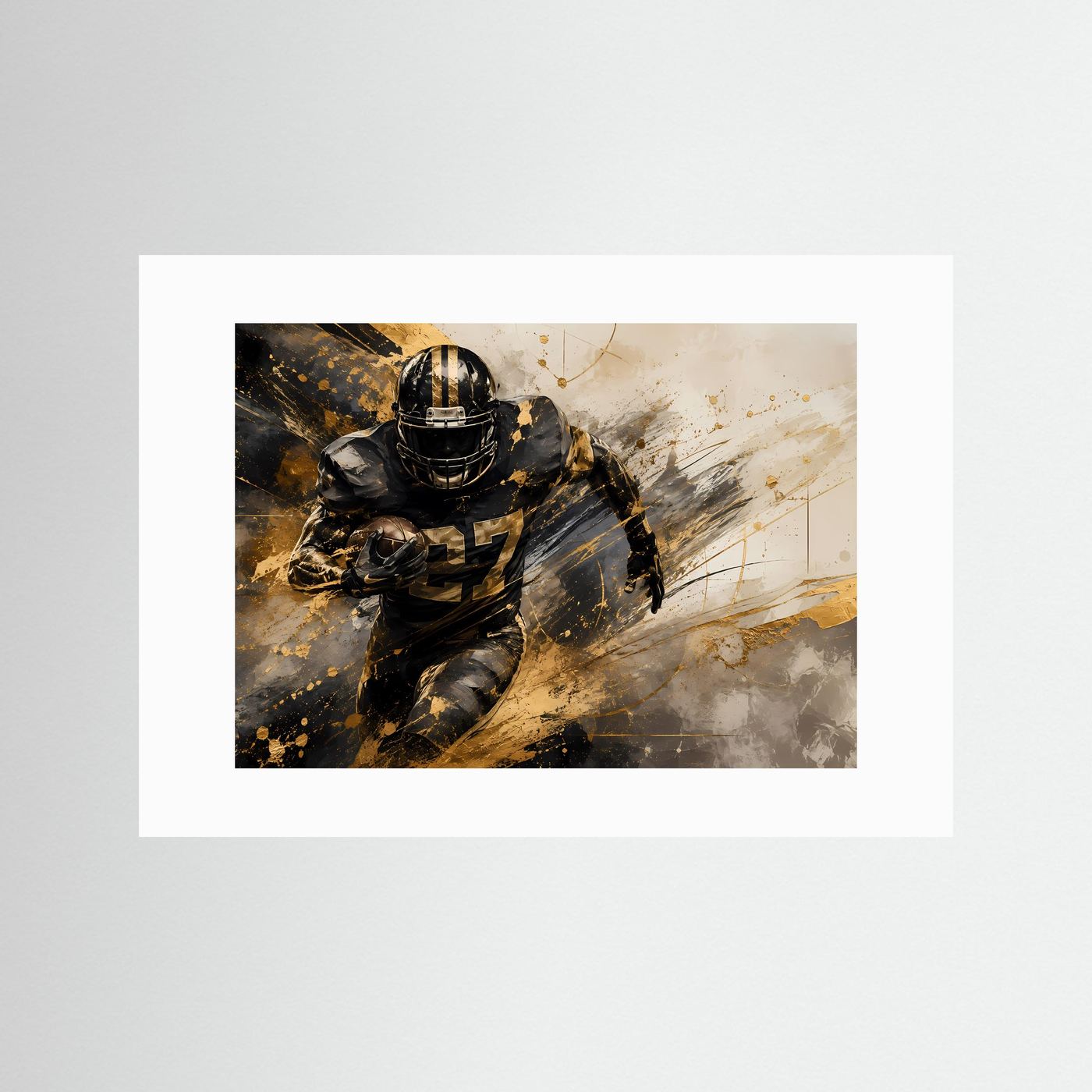 Fußball-Actionposter ohne Rahmen, mit weißem Passepartout: Spieler im Helm in Schwarz-Gold