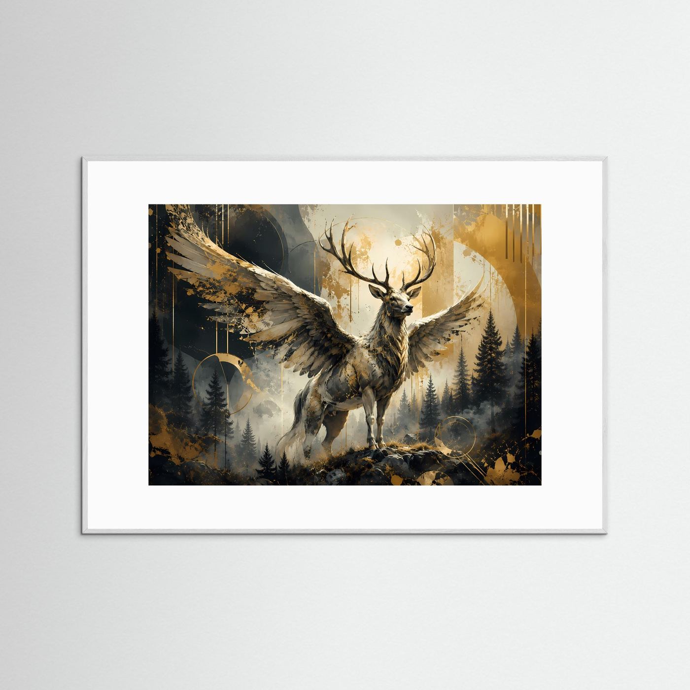 Mystischer Hirsch mit Flügeln im Wald | Abstraktes Fantasy Poster in Schwarz, Weiß & Gold | Edles Wandbild Querformat
