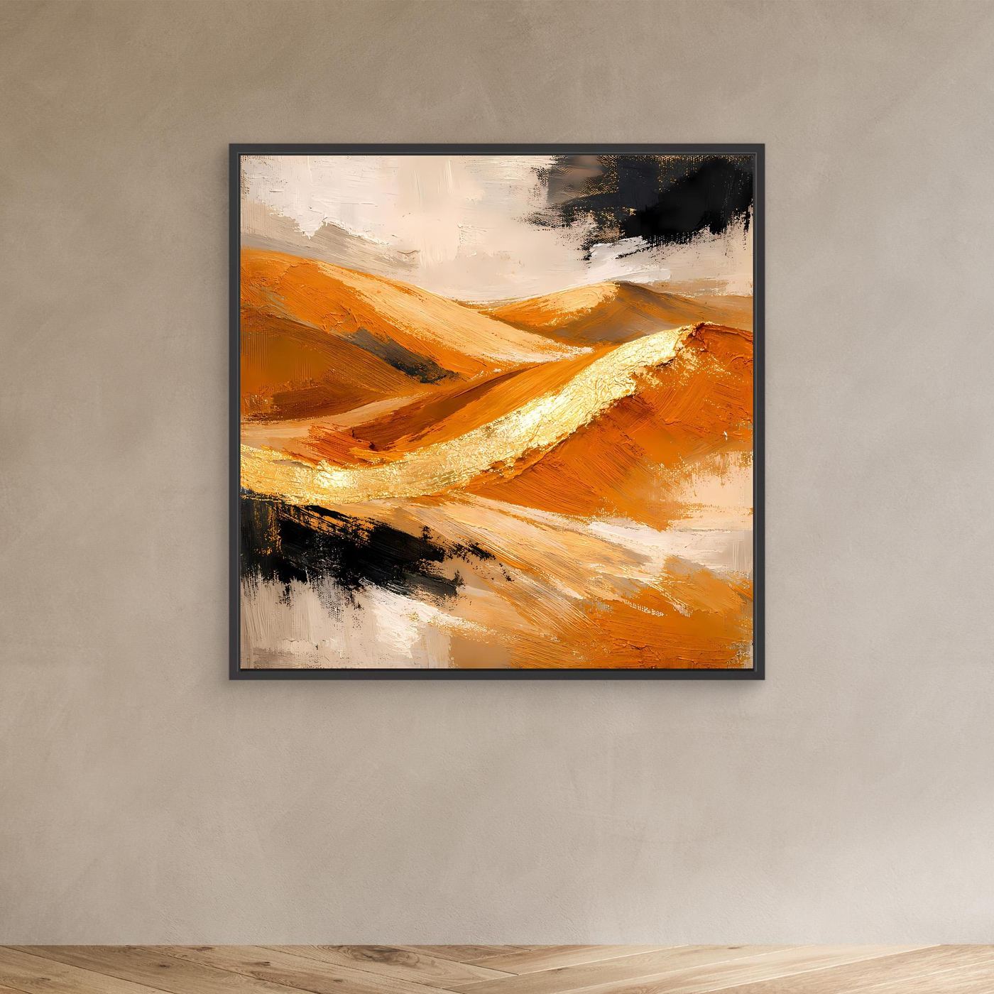 Schwarz gerahmtes Leinwand-Wandbild mit abstrakten Dünen in warmen Goldtönen