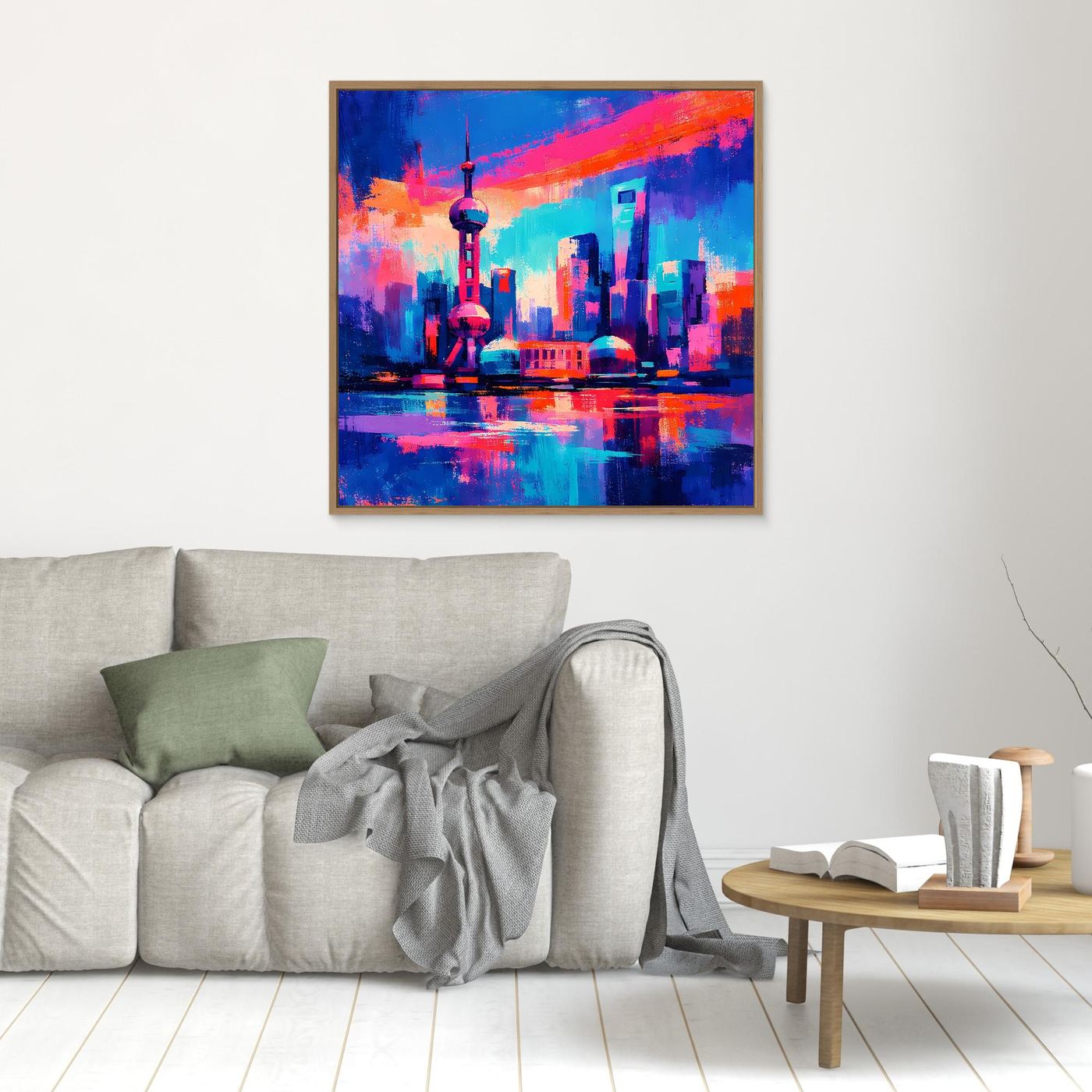 Neon-Stadt-Wandbild mit Reflexionen, quadratisch, braun gerahmt