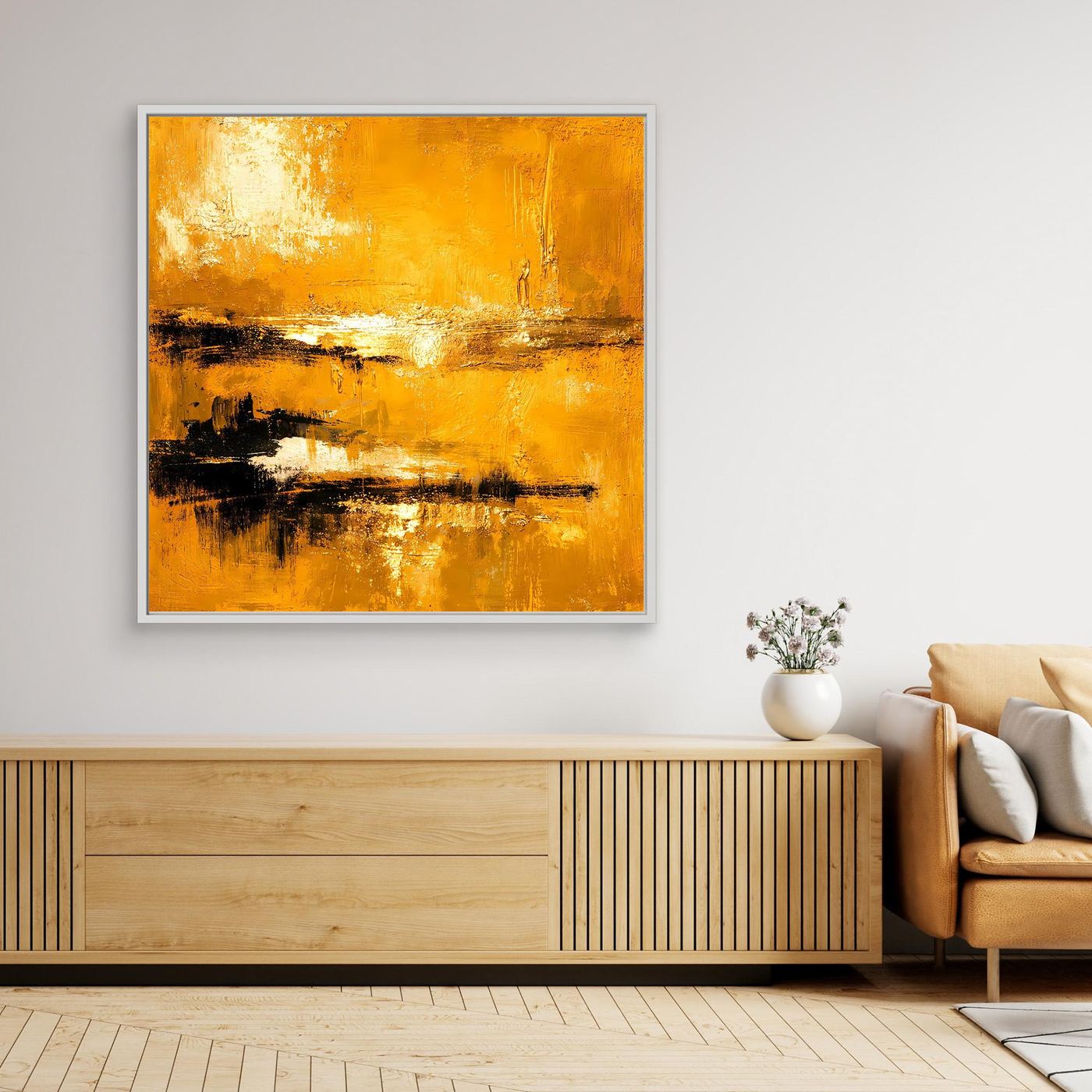 Leinwand Abstrakte Goldlandschaft am See | Modernes Elegantes Horizont Wandbild