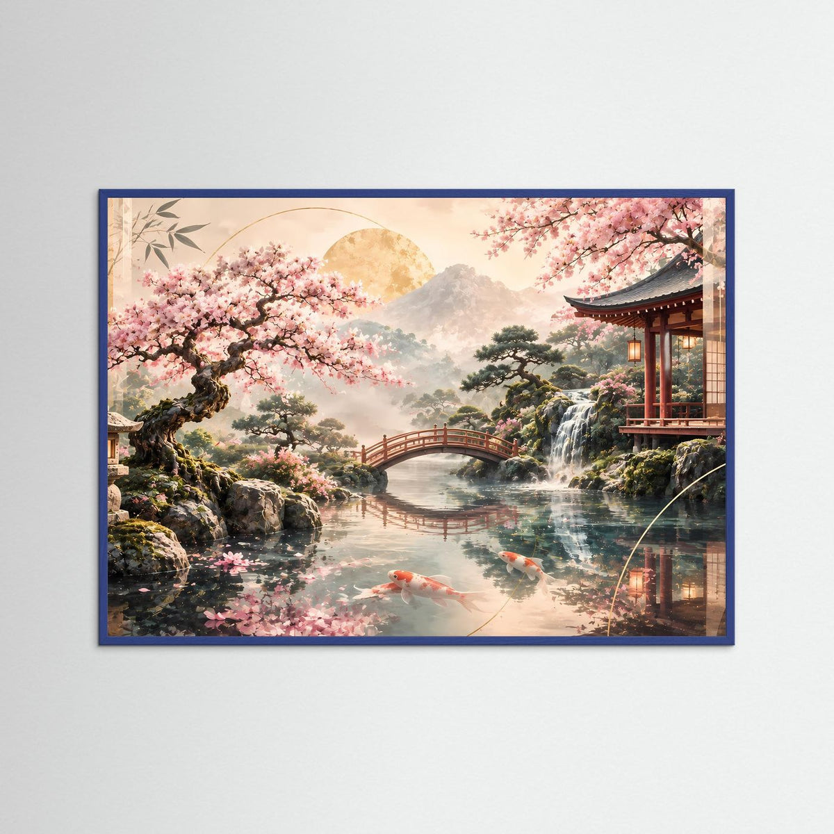 Zen-Garten-Poster im Querformat mit blauem Rahmen; Kirschblüten, Koi im Wasser, Tempel