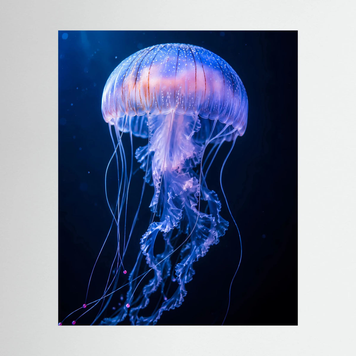 Poster mit blau-violetter Leuchtqualle und schwebenden Tentakeln, Hochformat