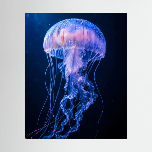 Poster mit blau-violetter Leuchtqualle und schwebenden Tentakeln, Hochformat