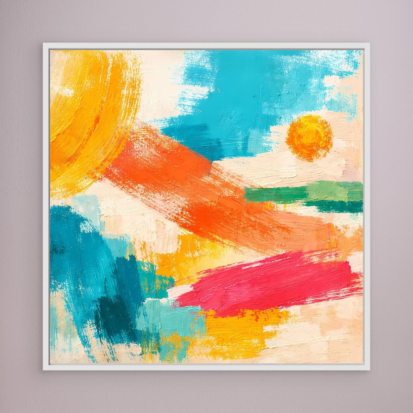 Abstract canvas wall art with blue, orange, red and yellow brushstrokes; white frame