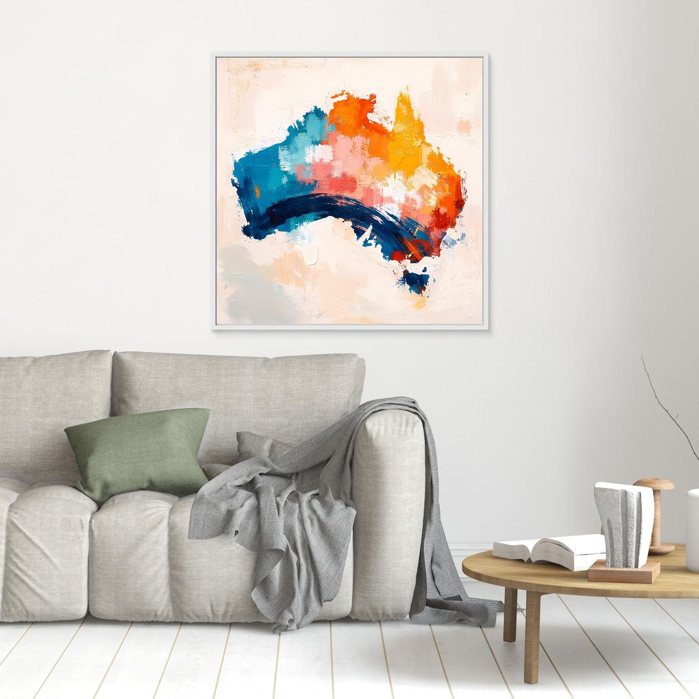 Abstract Australia map wall art in white frame, blue orange and yellow brush textures