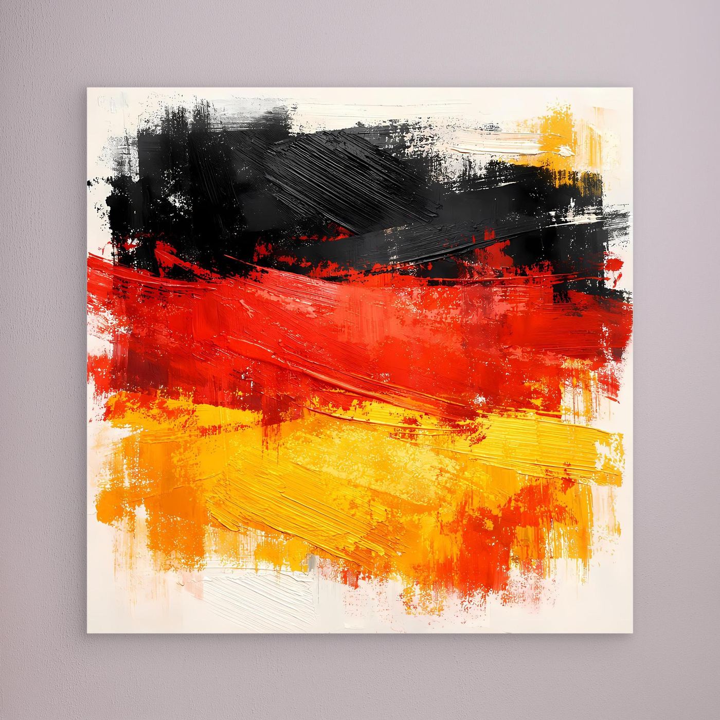 Abstract canvas wall art with black, red, and yellow brushstrokes on a light background