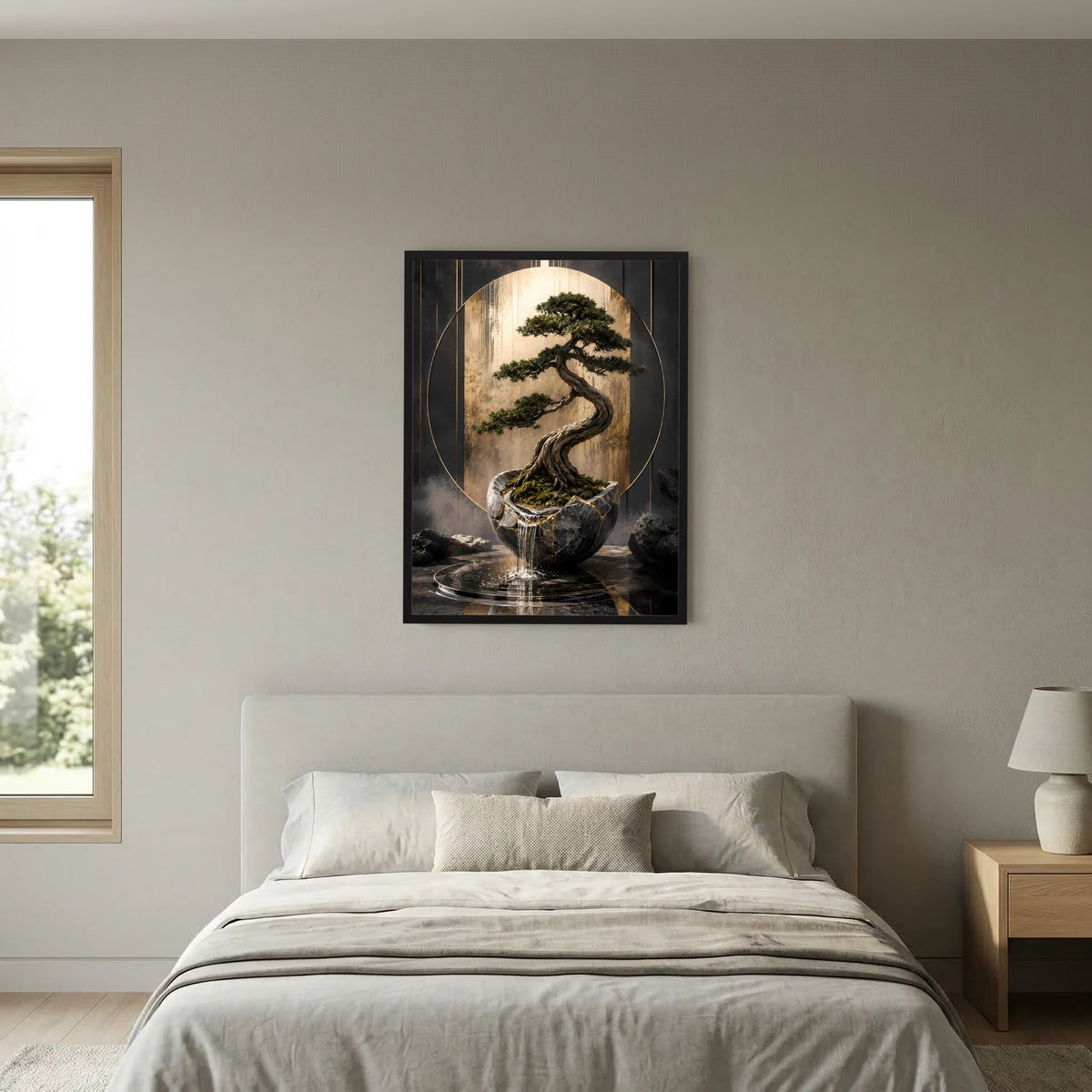 Gerahmtes Hochformat-Poster mit Zen-Bonsai im Keramiktopf, goldener Lichtbogen, schwarz