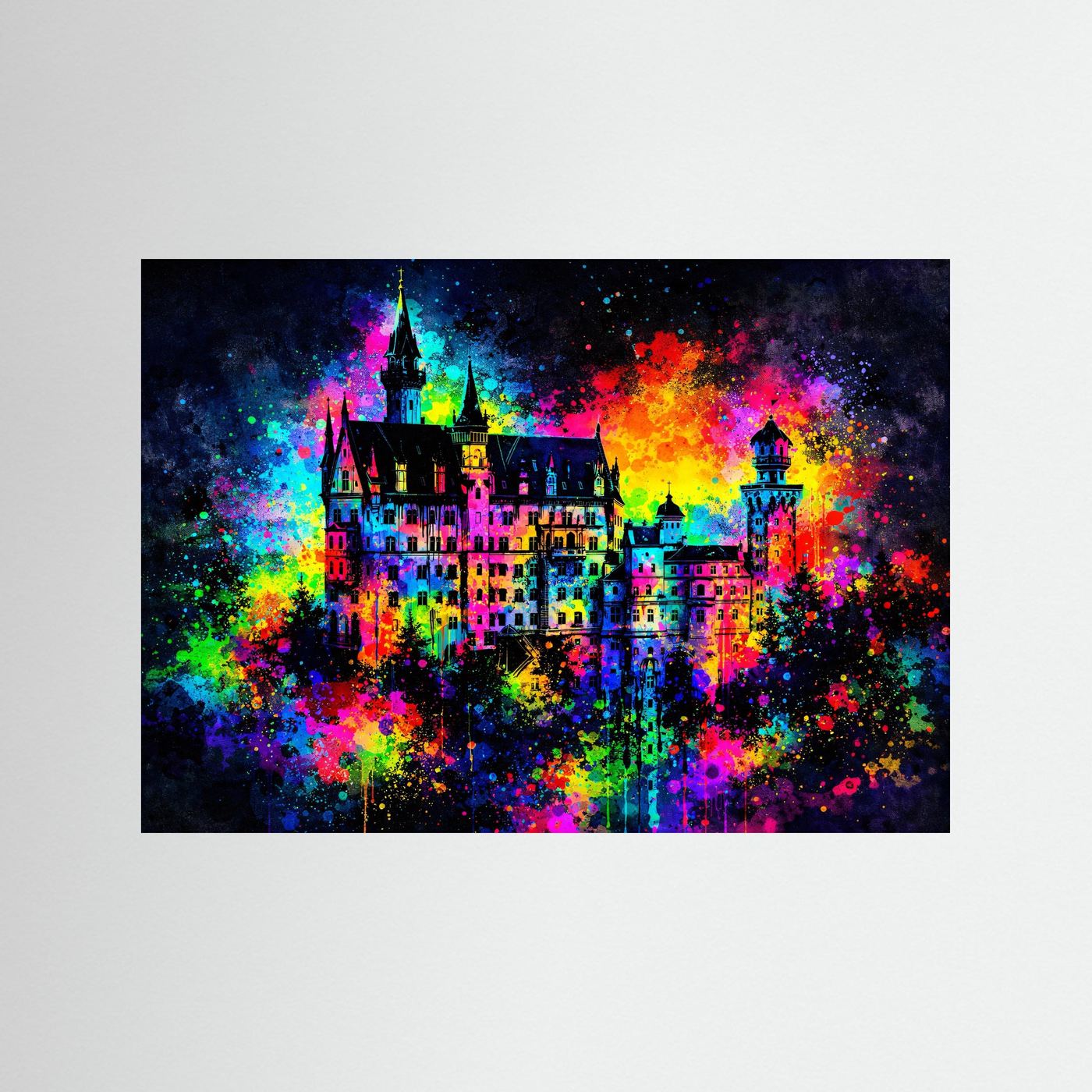 Märchenschloss Neuschwanstein in Farbexplosion | Buntes Schloss Wandbild & Kunst Poster Querformat
