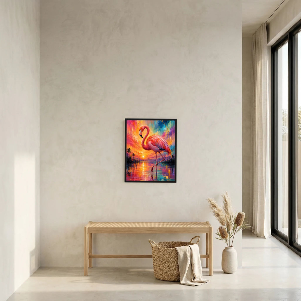 Kunstposter mit Flamingo in Pink und Türkis, farbiger Himmel und Wasserreflexion