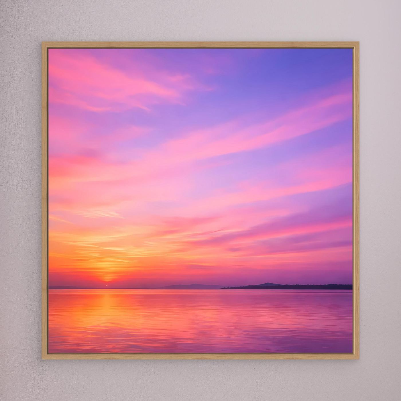 Leinwandbild mit Pastell-Sonnenuntergang am Meer, mit hellem Holzrahmen