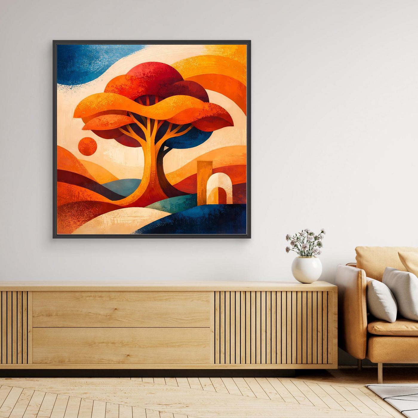 Leinwandbild mit abstraktem Lebensbaum, orange- und blautöne, im schwarzen Rahmen
