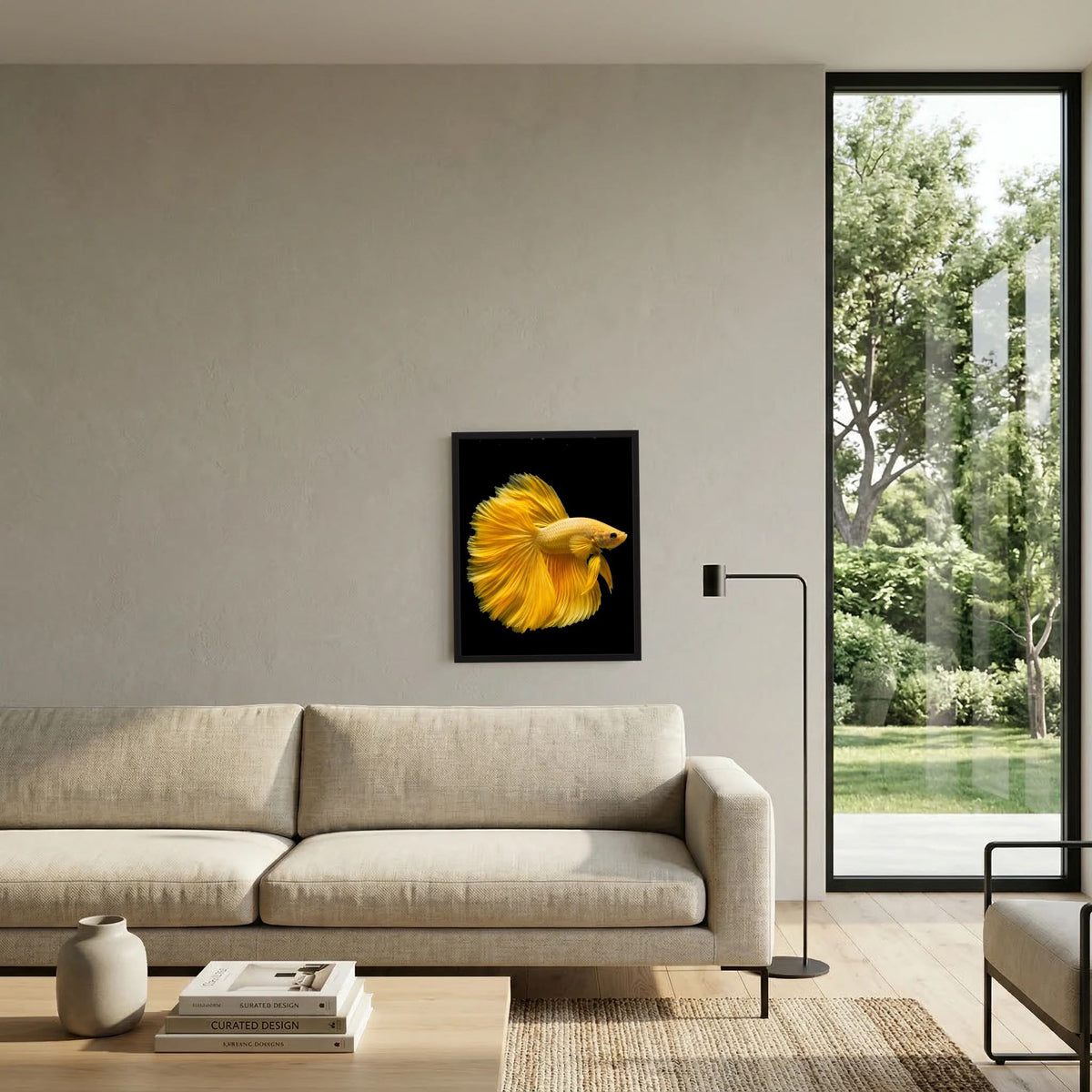 Gerahmtes Kunstposter mit goldgelbem Kampffisch an der Wand über Sofa