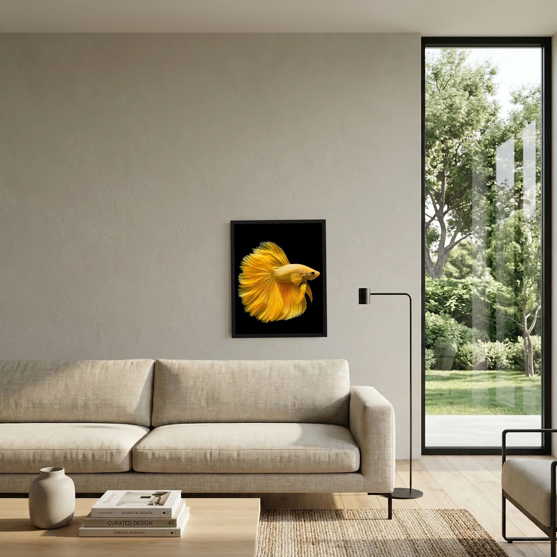 Gerahmtes Kunstposter mit goldgelbem Kampffisch an der Wand über Sofa