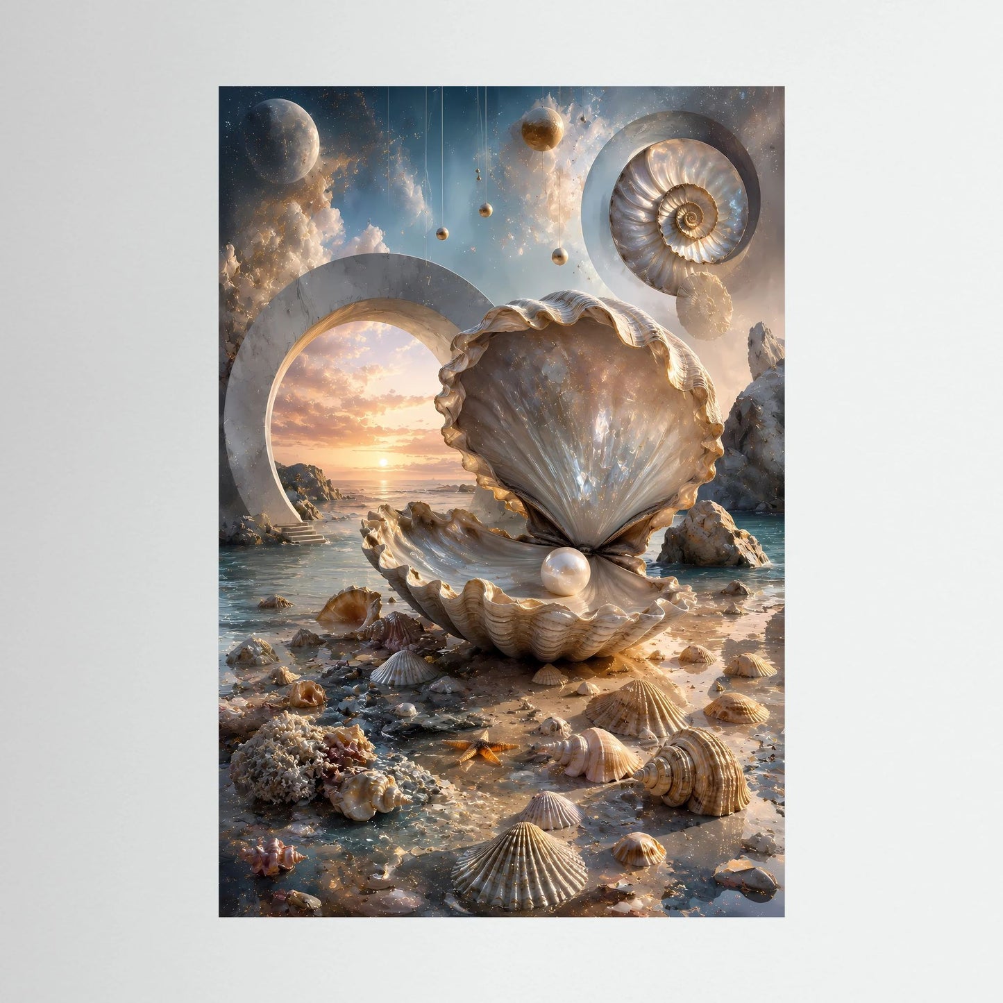 Hochformat-Poster mit Muschel und Perle in Creme und Gold, surrealer Meereslandschaft