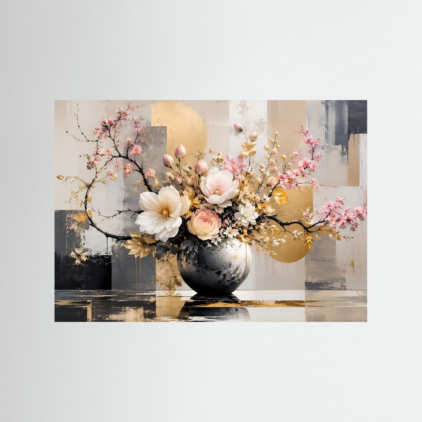 Elegantes Blumenarrangement in Gold & Weiß | Modernes Florales Wandbild Querformat