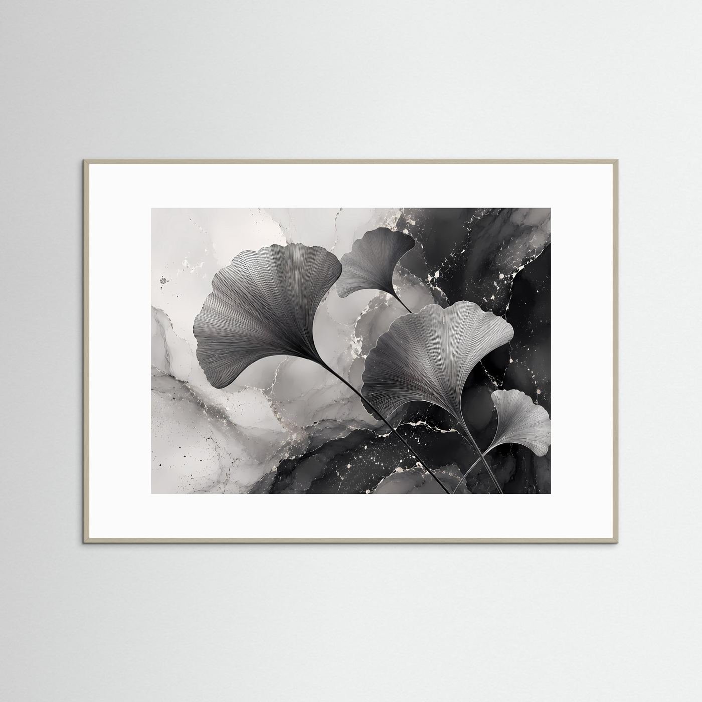 Ginkgo-Blätter Schwarz-Weiß | Modernes Botanisches Wandbild im minimalistischen Stil