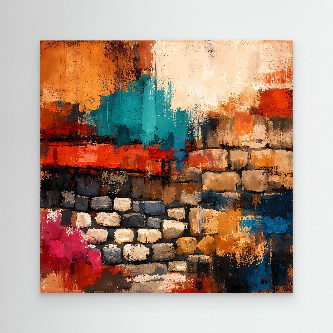 Wandbild mit abstrakter Steinmauer-Grafik, orange, türkis, rot, blau und beigen Ziegeln