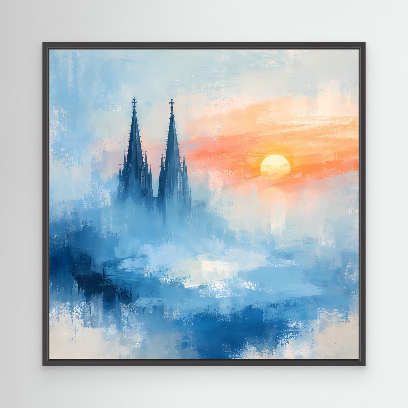 Kölner Dom Silhouette in Nebelblau | Moderne Abstrakte Leinwand mit Sonnenaufgang