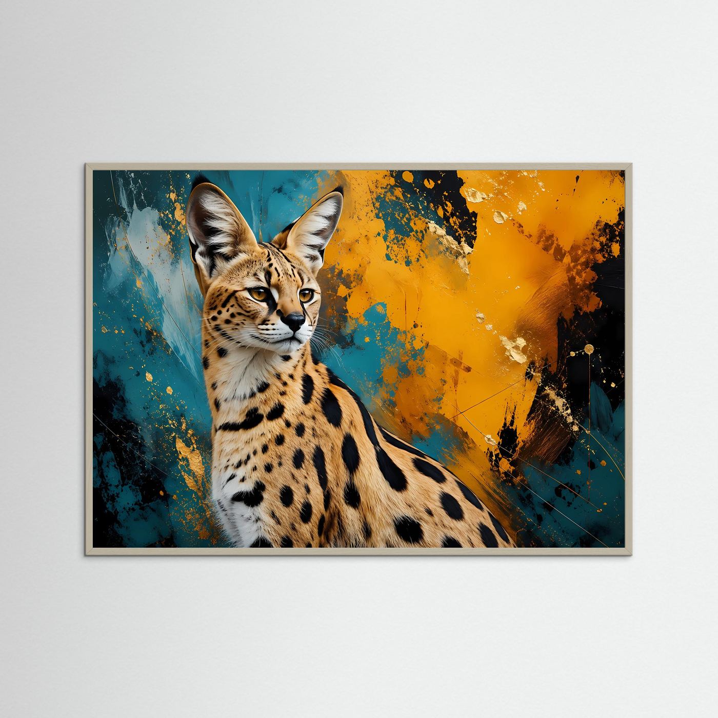 Elegante Wildkatze im abstrakten Farbspiel | Modernes Raubkatzen- & Kunst-Poster Querformat