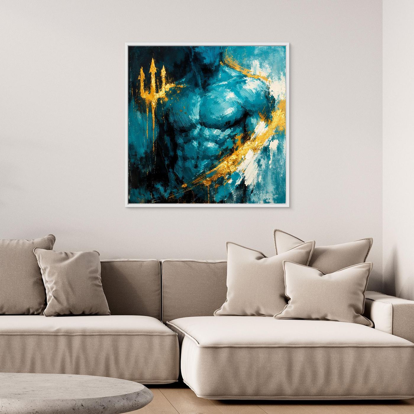 Leinwand Kraftvoller Poseidon in Türkis | Abstraktes Meeresgott Wandbild Gold