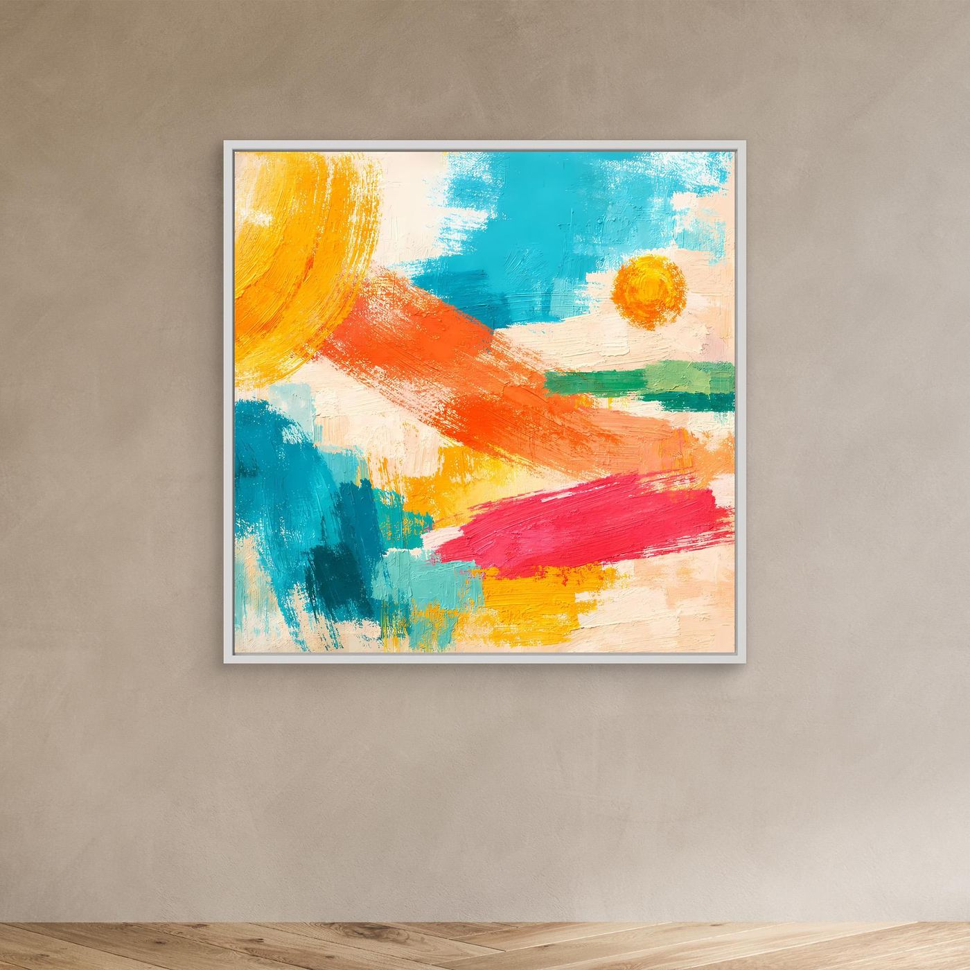 Abstract canvas wall art with orange, teal, blue, yellow, and red brushstrokes; white frame.