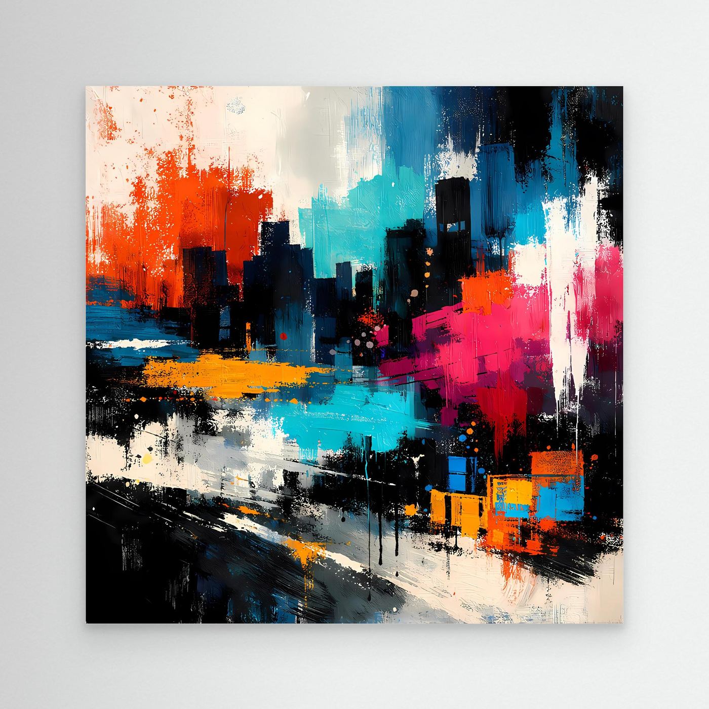 Abstract city skyline wall art with blue, orange, pink, and black paint, no frame