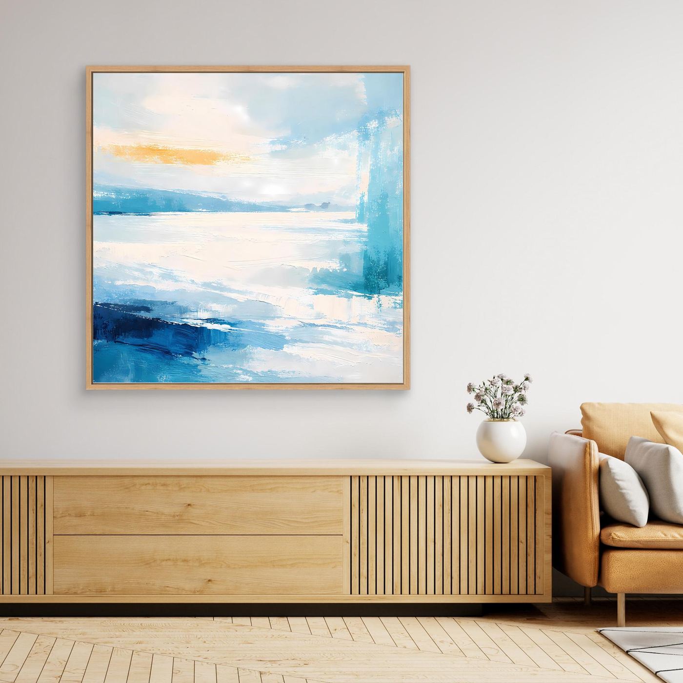 Wandbild mit maritimer Abstraktion in Blau und Weiß, goldbrauner Holzrahmen
