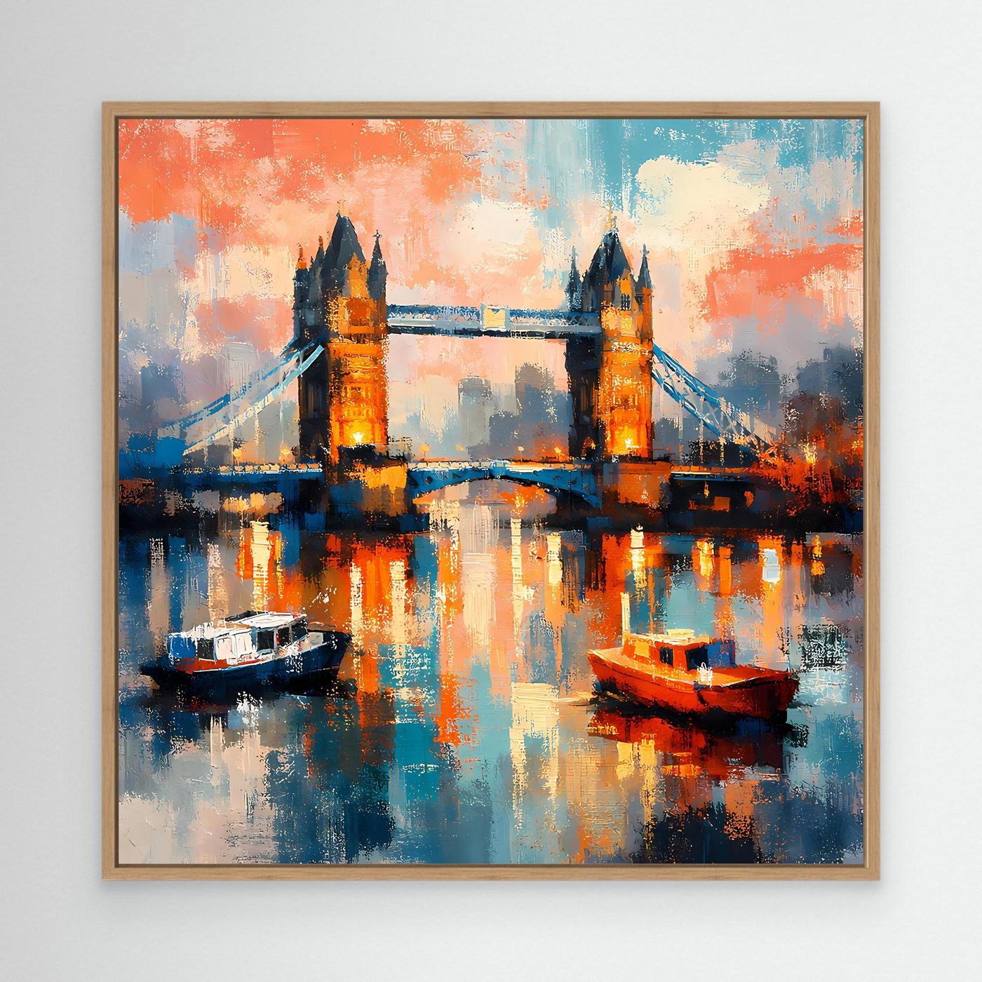 Gerahmtes Leinwandbild mit abstrakter Tower-Bridge bei Nacht und farbiger Reflexion im Wasser