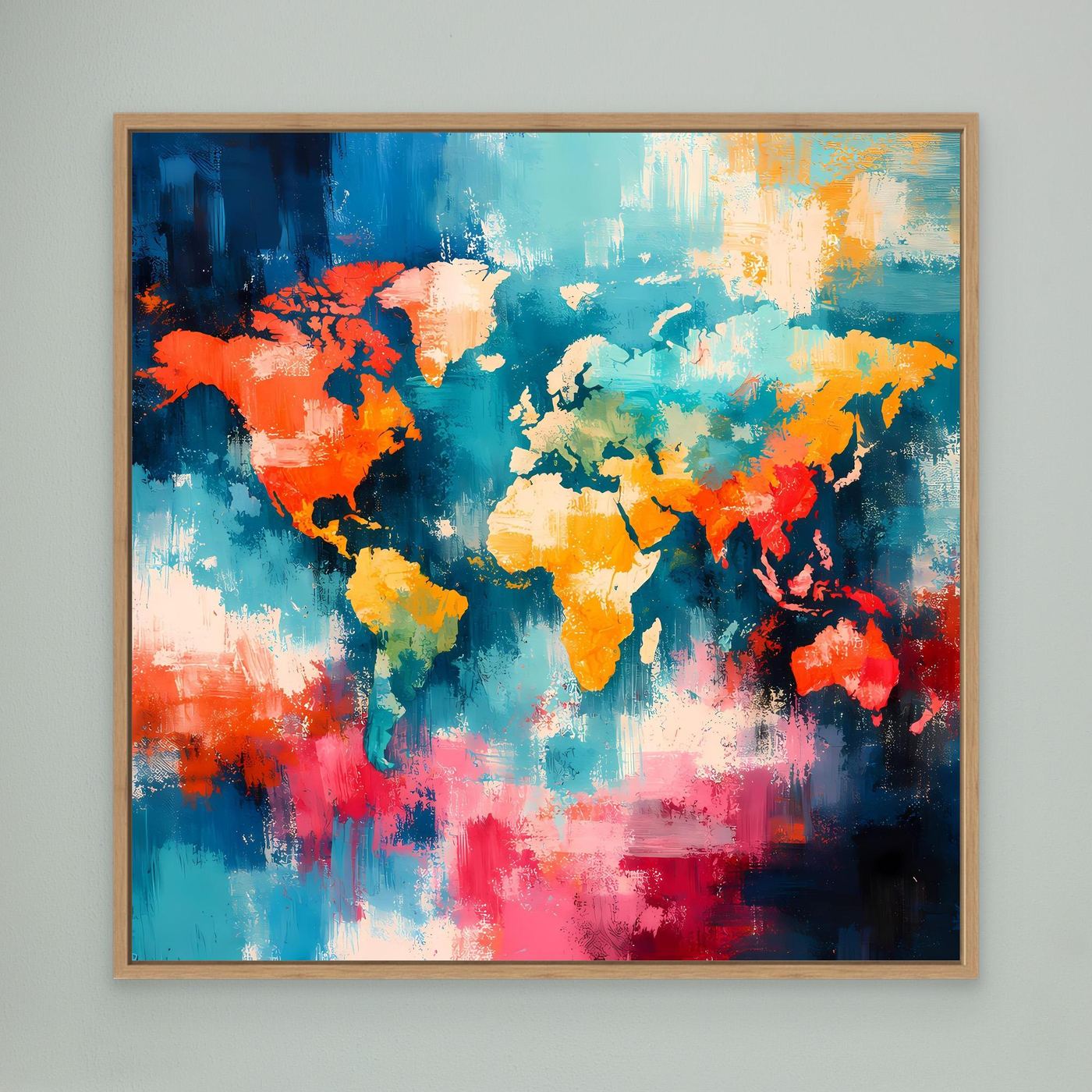 Abstract world map canvas with colorful brushstroke continents and light wood frame