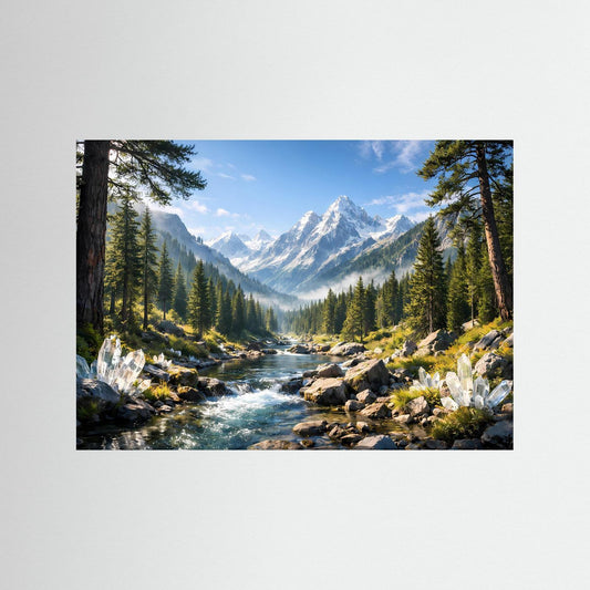 Panoramaposter Bergfluss in den Alpen mit Bergen, Tannen und Kristallen, schwarzer Rahmen