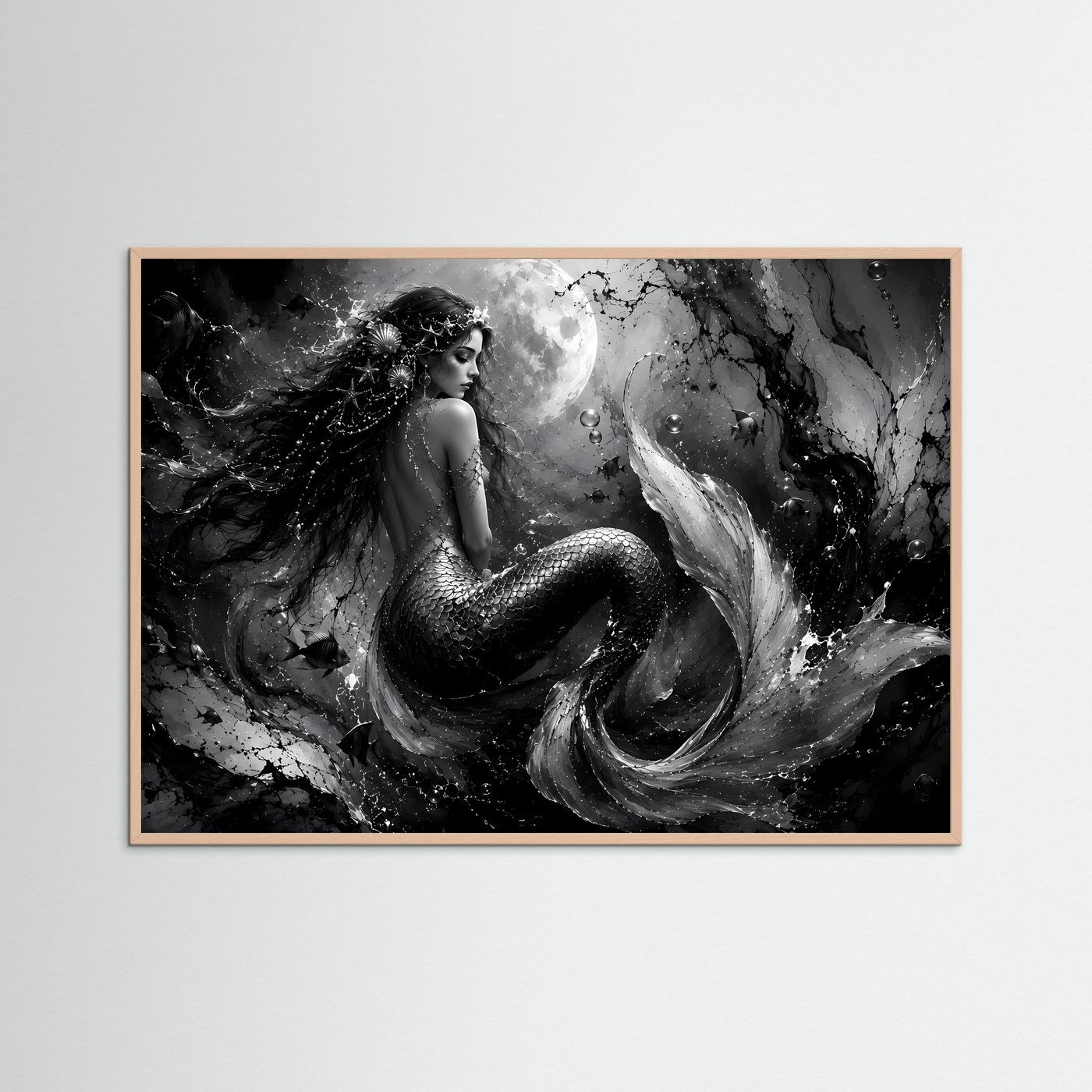 Mystische Meerjungfrau in Schwarz-Weiß | Elegantes Fantasy Poster Querformat