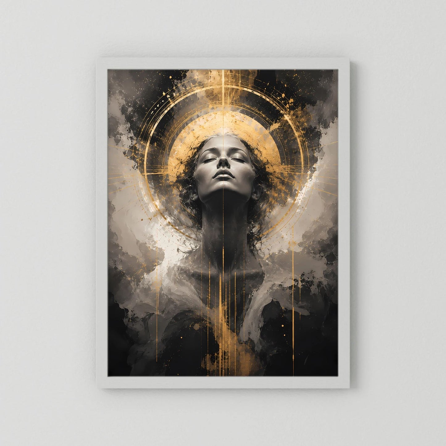 Poster mit abstraktem Frauengesicht in Schwarz und Gold mit goldenem Kreis, weiß gerahmt