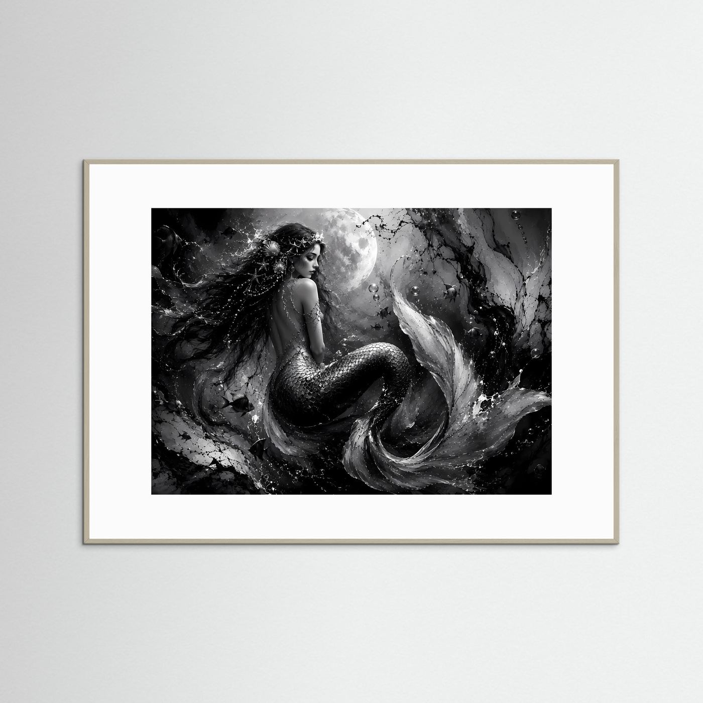 Mystische Meerjungfrau in Schwarz-Weiß | Elegantes Fantasy Poster Querformat