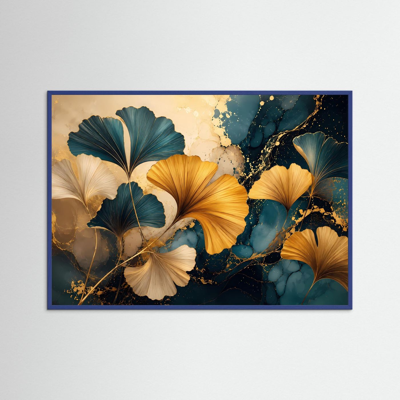 Ginkgo Blätter in Gold & Petrol | Elegante abstrakte Wandkunst