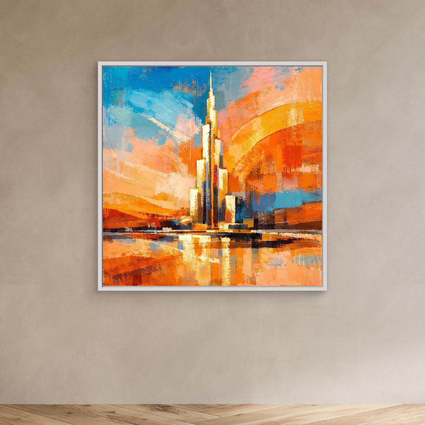 Abstraktes Leinwand-Wandbild mit Turm und Spiegelung, blau-orange, weiß gerahmt