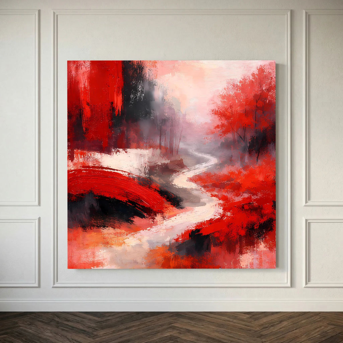 Rotes Leinwand-Wandbild mit Flussbrücke, breiten Pinselstrichen in schwarz, grau und weiß
