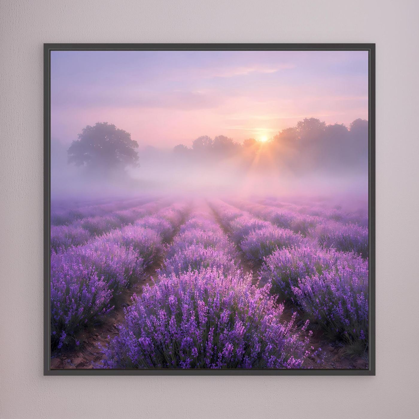 Leinwandbild Lavendelfeld im Nebel mit Sonnenaufgang, schwarz gerahmt