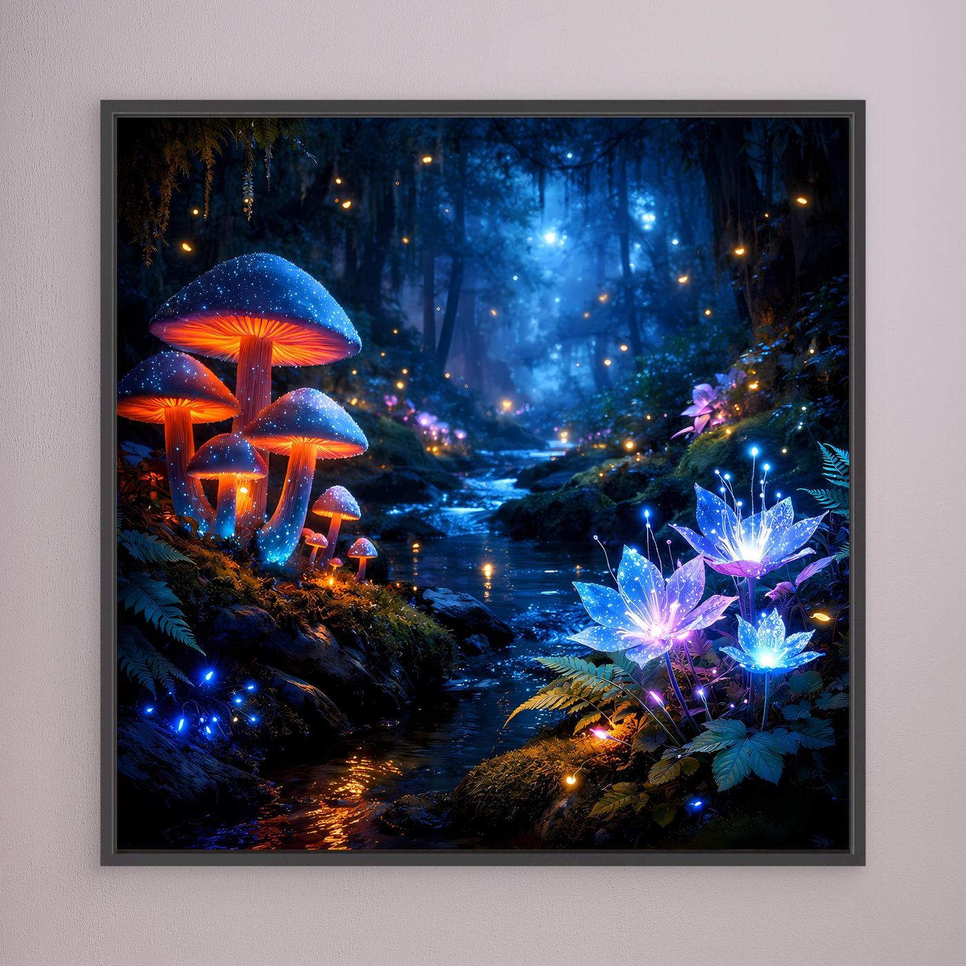 Leinwandbild mit glühenden Pilzen, violetten Blütenlichtern und blauen Akzenten, schwarz gerahmt