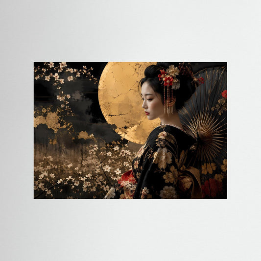 Poster mit Geisha im Kimono, goldener Vollmond und Kirschblüten, schwarzer Rahmen.