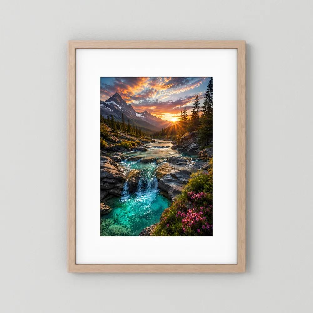 Hochformat-Poster mit türkisem Wasserfall im Alpen-Tal bei Sonnenuntergang, Holzrahmen mit weißem Rand