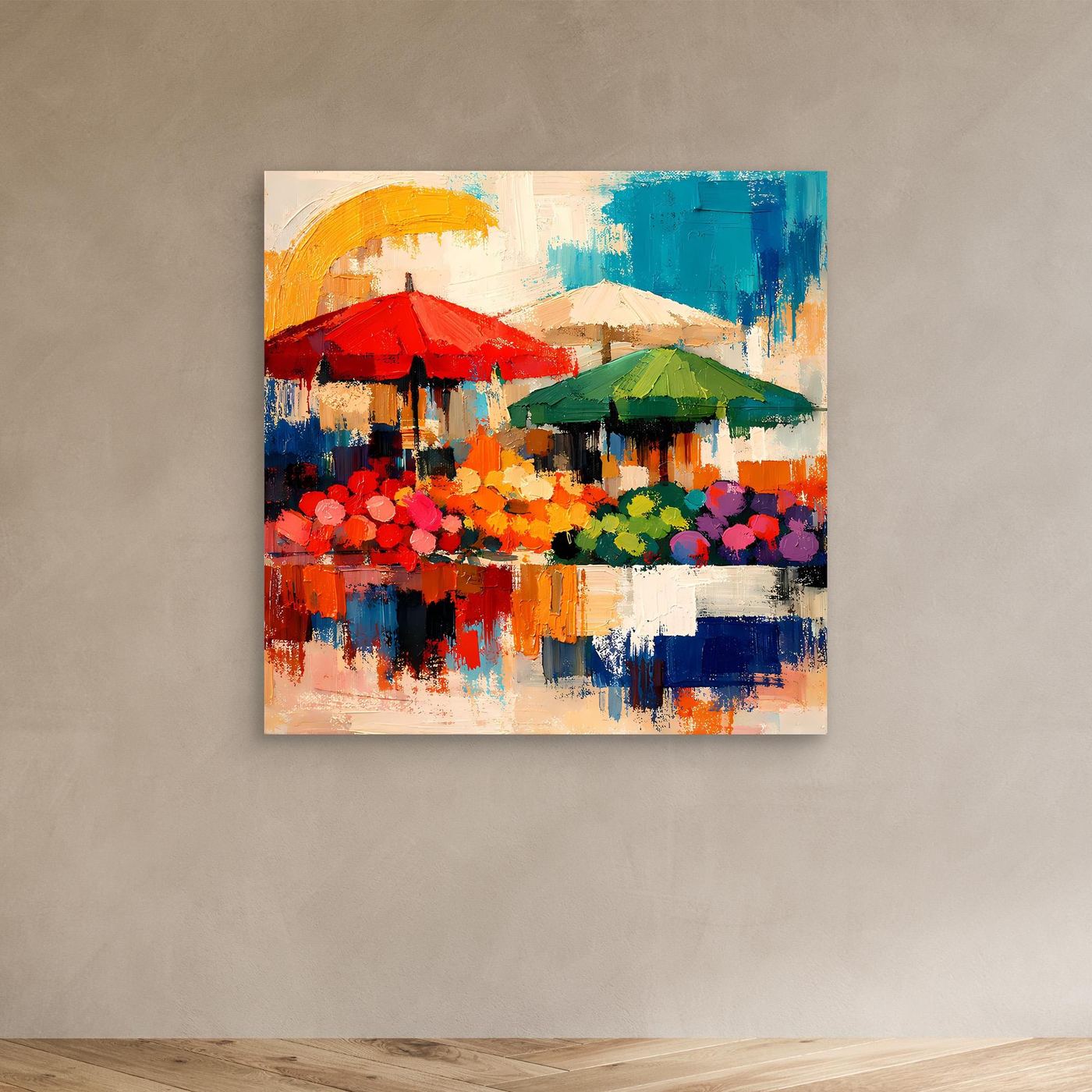 Abstraktes Leinwandbild mit Marktständen und Sonnenschirmen, farbenfroh