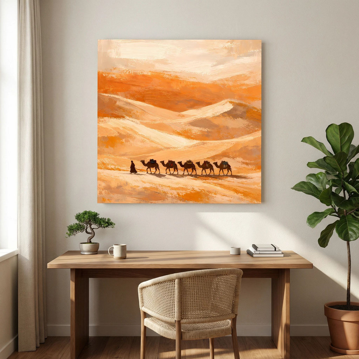 Leinwandbild mit Kamelkarawane in der Wüste, orangefarbene Pinselstriche, Holzrahmen