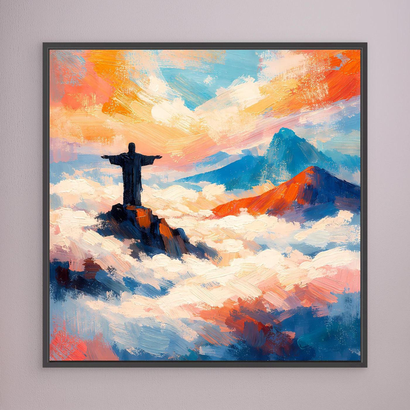 Wandbild auf Leinwand: abstrakter Christus auf Wolken, farbiger Himmel, schwarz gerahmt