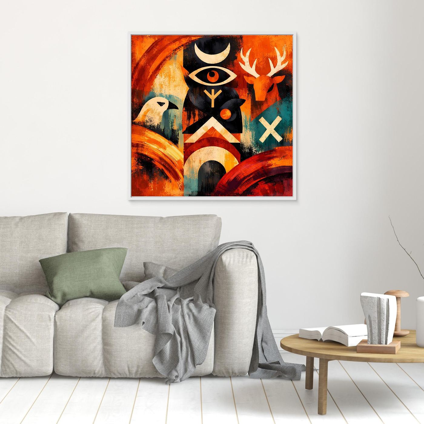 Quadratisches Leinwandbild mit Totem-Symbolen und Runen, weiß gerahmt