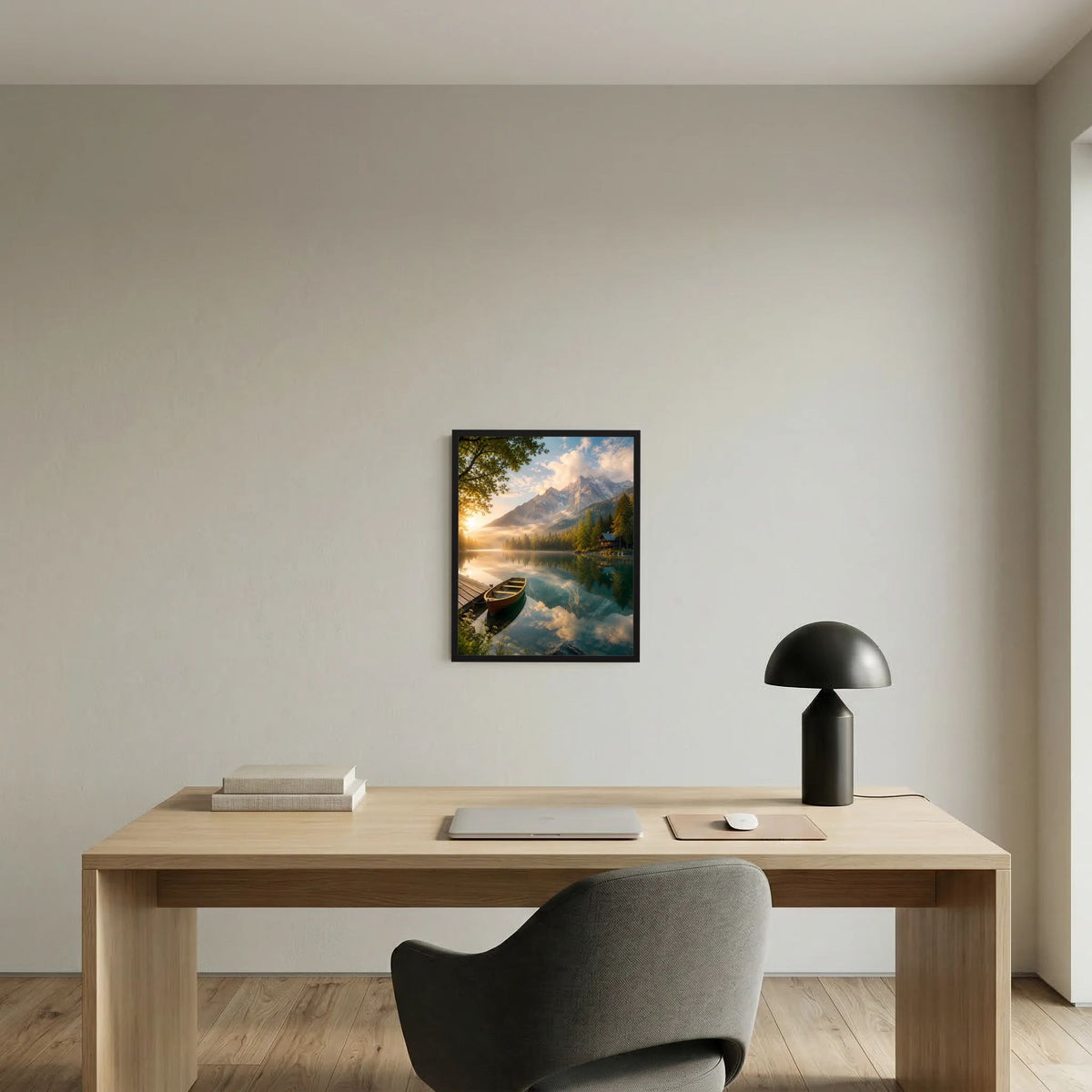 Kunstposter im schwarzen Rahmen: Holzboot am Bergsee mit Spiegelung und Alpenbergen.